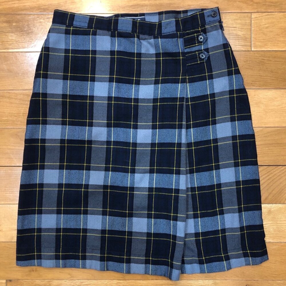 Lands' End Navy and Light Blue Plaid A-Line Skirt with Yellow Accents